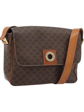 CELINE Macadam Canvas Circle Shoulder Bag PVC Leather Brown Gold